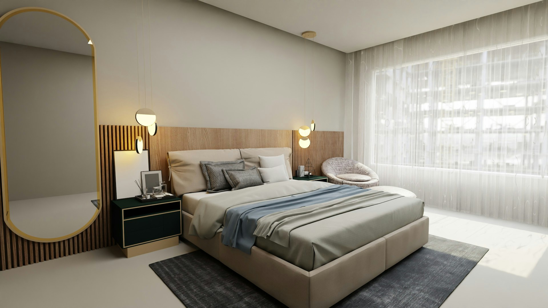a bedroom with a large bed and a large mirror